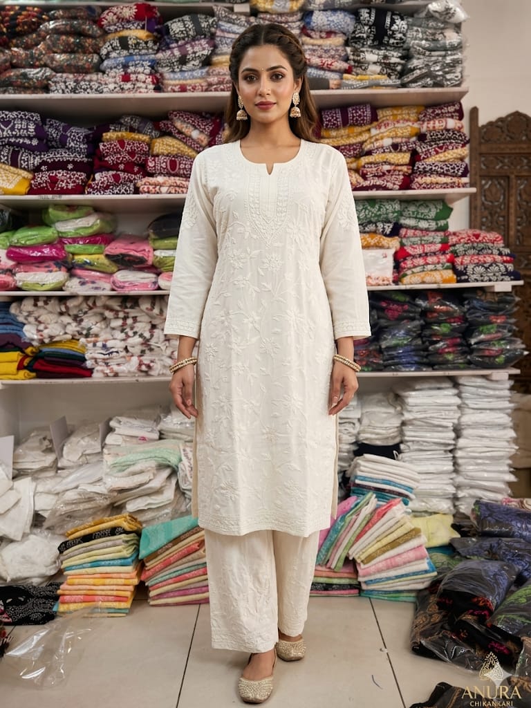 Woman in a white outfit standing in front of shelves stocked with fabric in a store.
