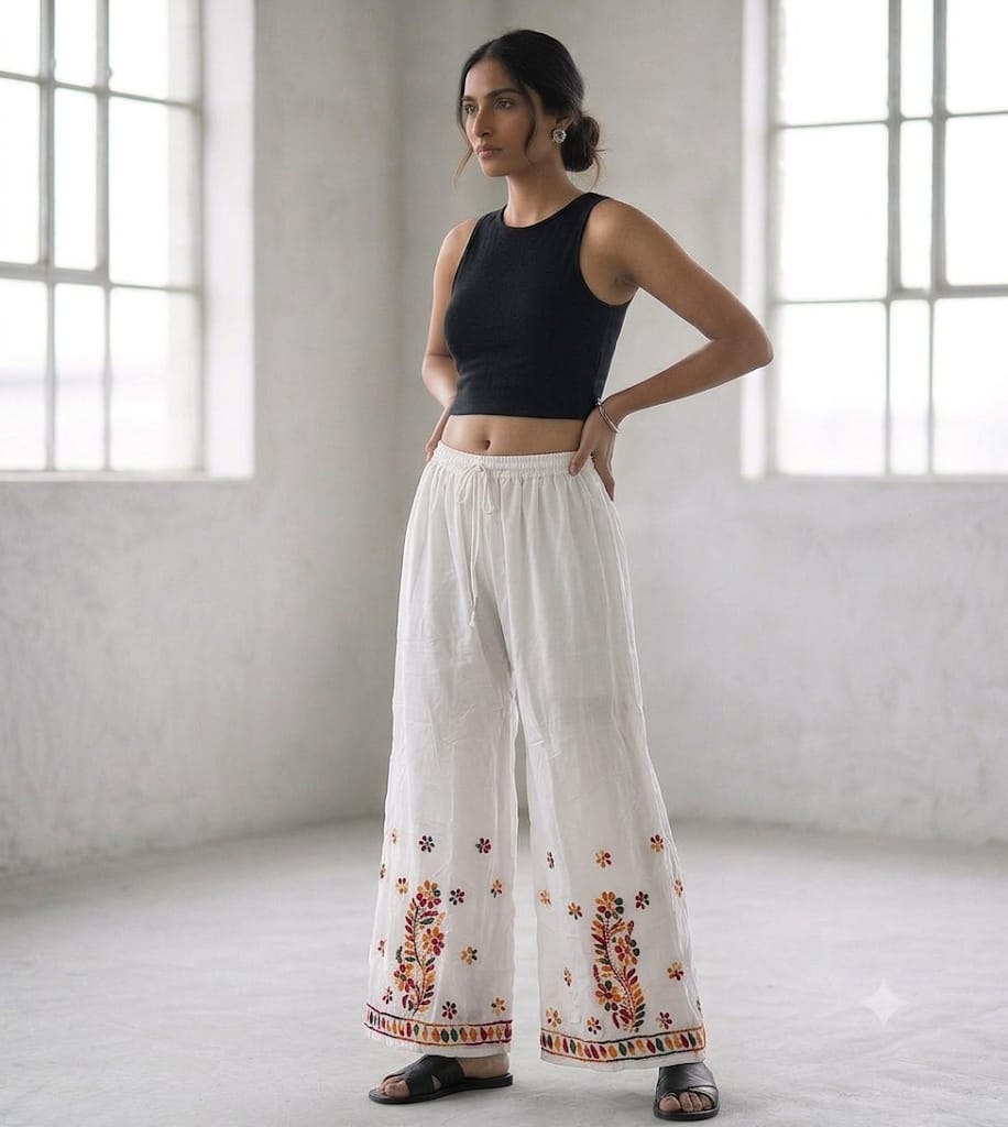 19CB White Multi Rayon Palazzo