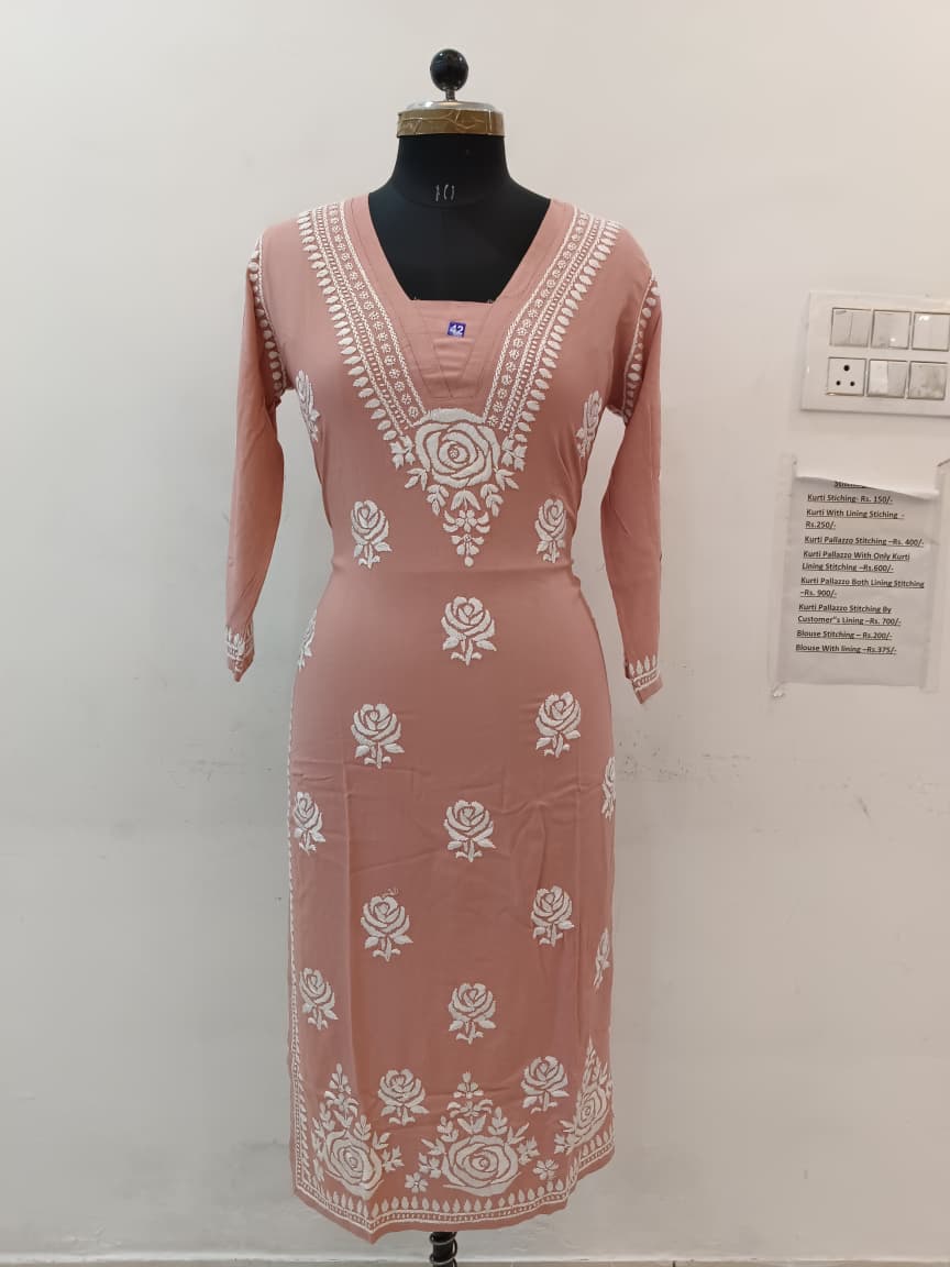 V-Neck Rose Rayon Kurti