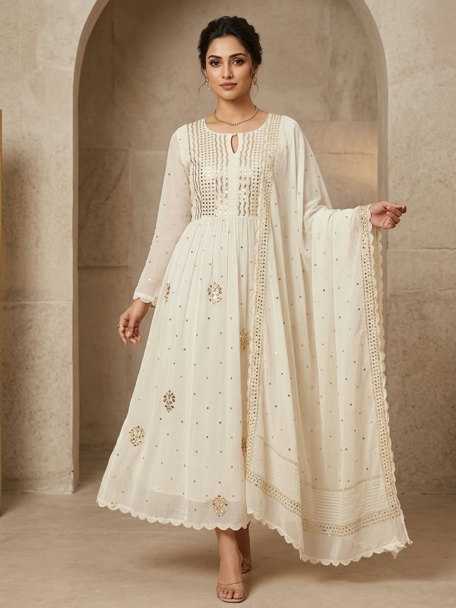 PURE MUL CHANDERI SILK GOWN AND DUPPATTA WITH MUKAISH WORK