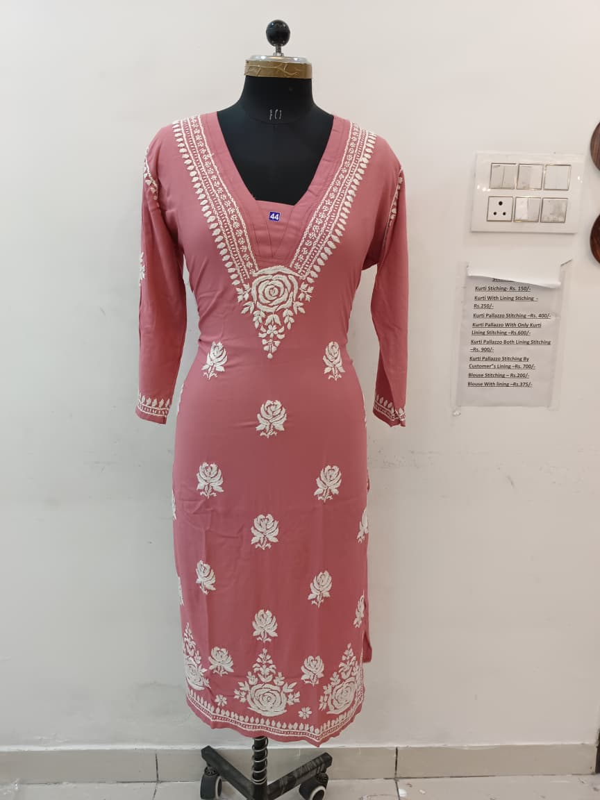 V-Neck Rose Rayon Kurti